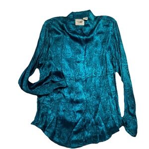 Andrew Sport Authentic Blouse Large  100% Rayon Green Button‎ Down RN 70853